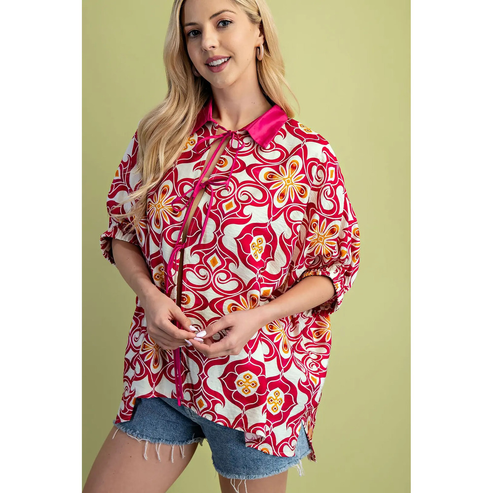 TE1304 GiGio Medallion Print Elastic Dolman Sleeve Top Satin String Ties Var Sz - Picture 4 of 5